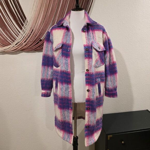 NWT Blank NYC Prime Time Blue Multi Plaid Brushed Long Shacket Sz XS - Picture 6 of 10